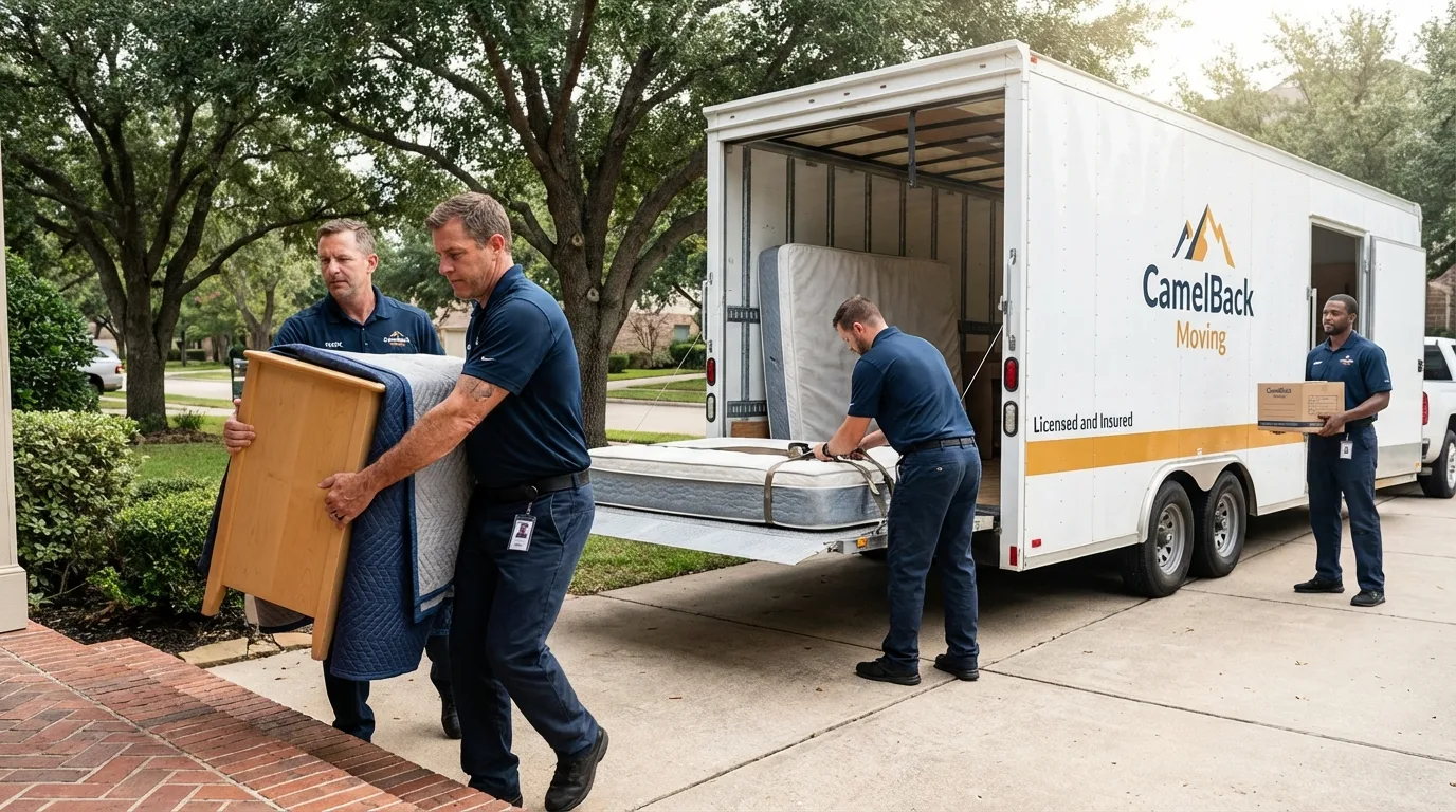 Crew loading residential truck for cross-state move from Clinton, AR