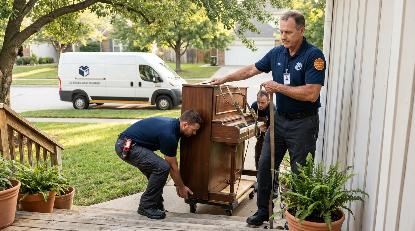 Licensed piano movers securing grand piano in Clinton, AR