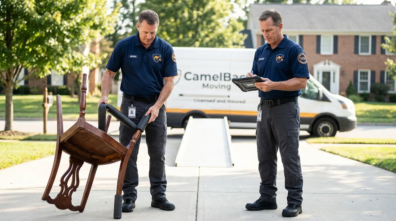 Movers inspecting furniture for damage prevention before loading in Clinton, AR