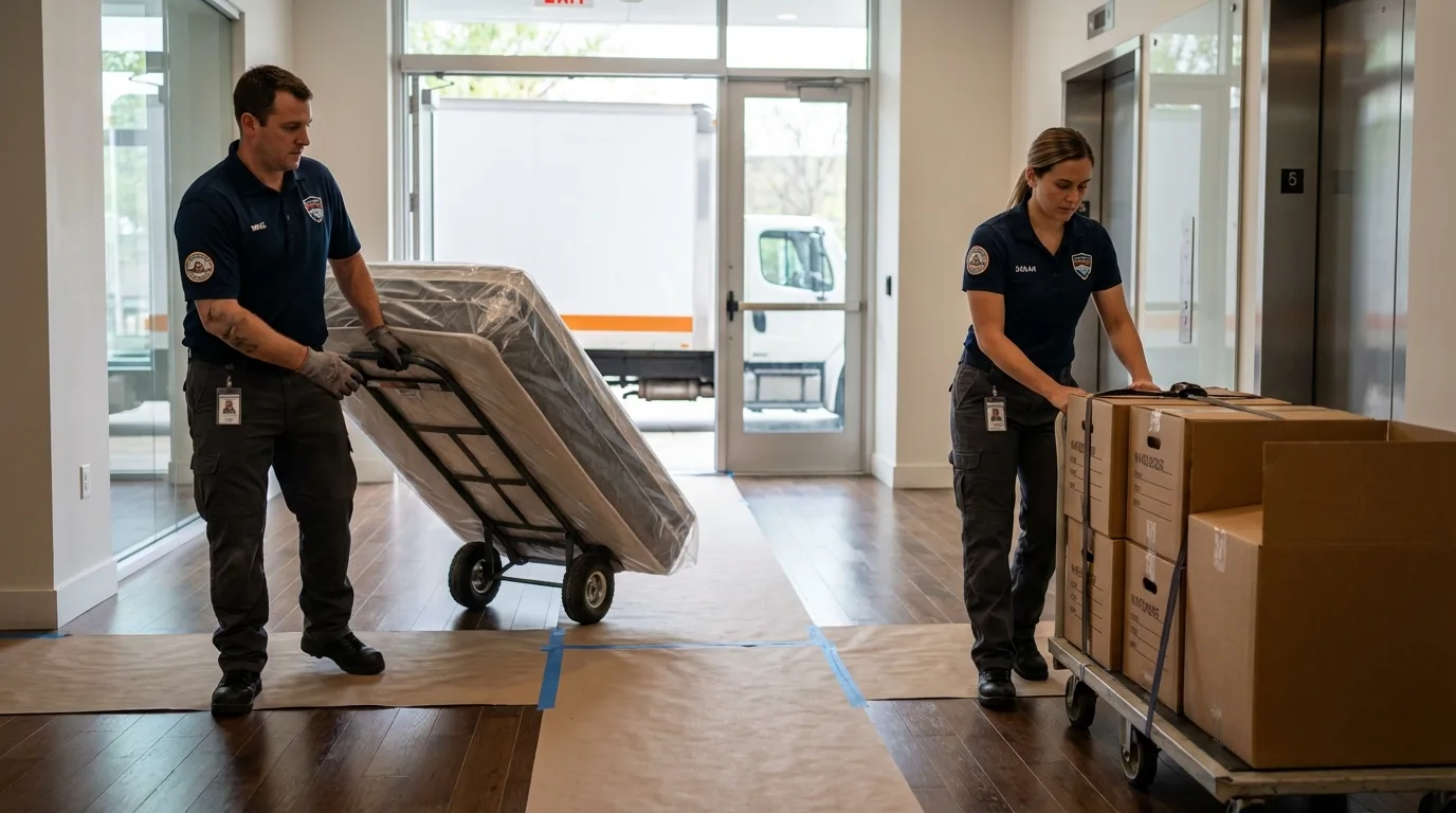 Professional apartment movers loading elevator in Clinton, AR